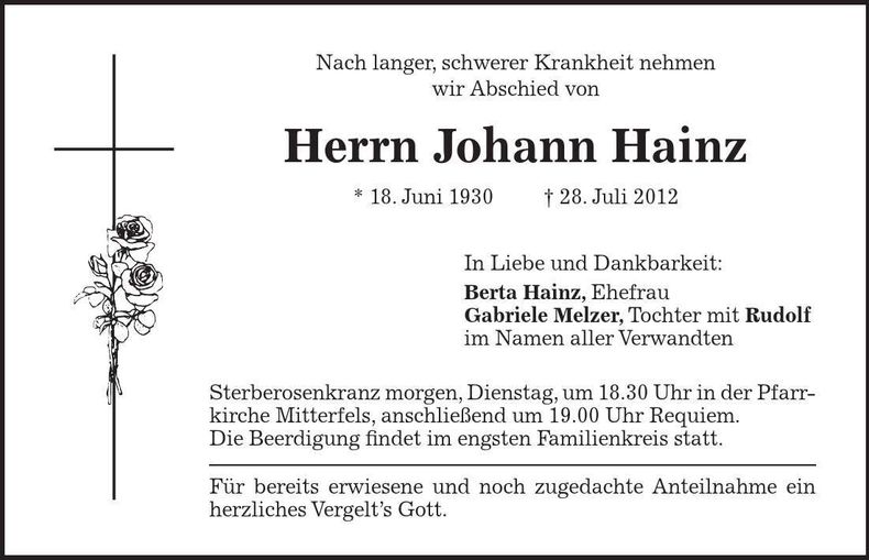 Traueranzeige Johann Hainz