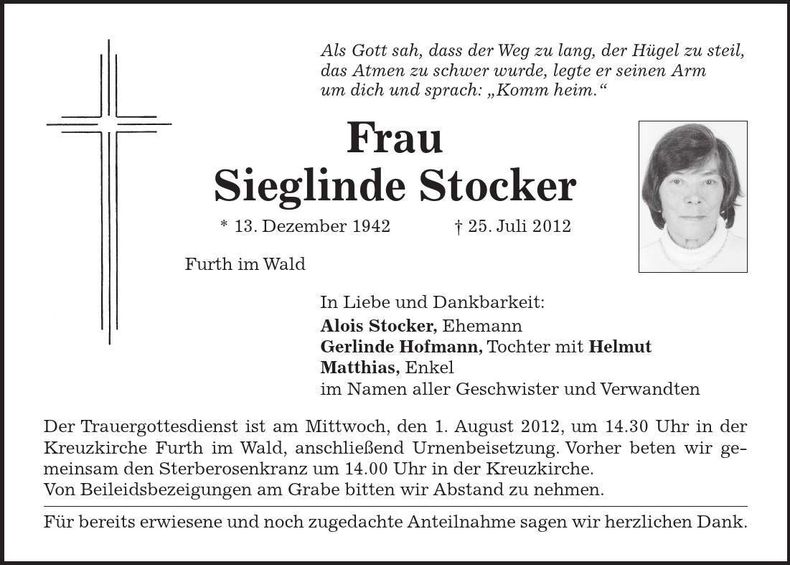 Traueranzeige Sieglinde Stocker