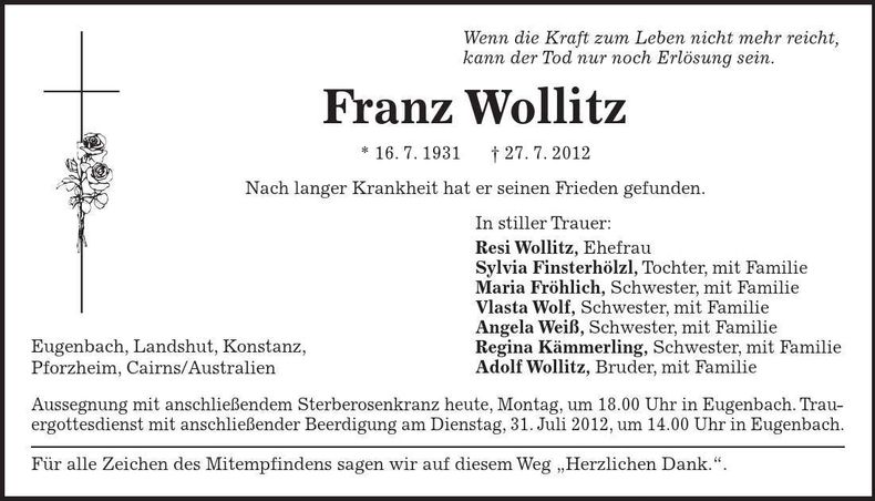 Traueranzeige Franz Wollitz