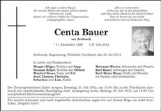 Traueranzeige Centa Bauer