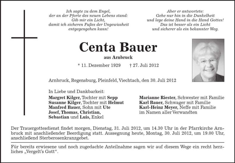 Traueranzeige Centa Bauer