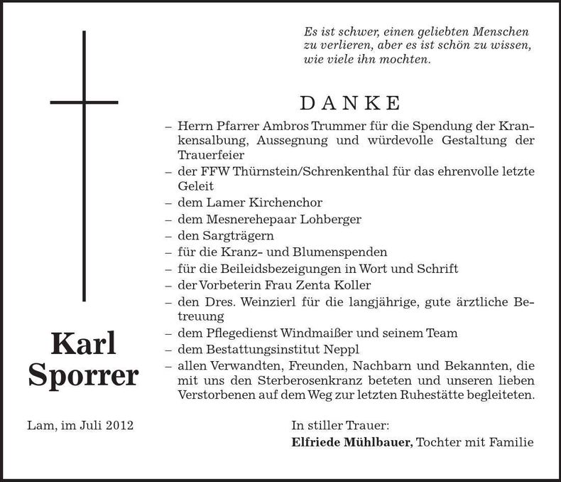 Traueranzeige Karl Sporrer