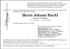 Traueranzeige Johann Hackl