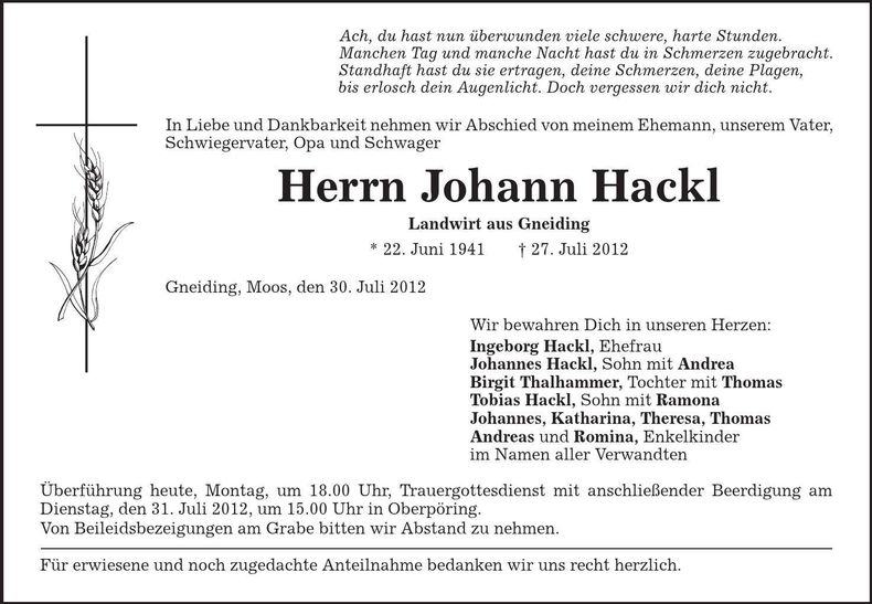 Traueranzeige Johann Hackl