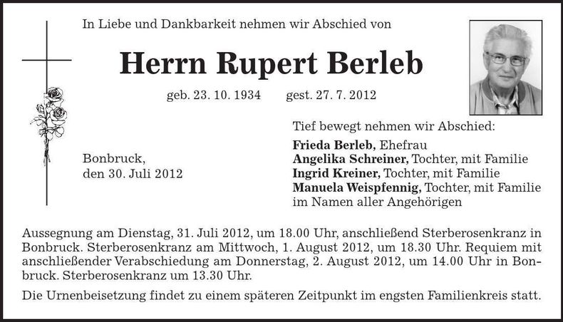 Traueranzeige Rupert Berleb