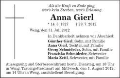 Traueranzeige Anna Gierl