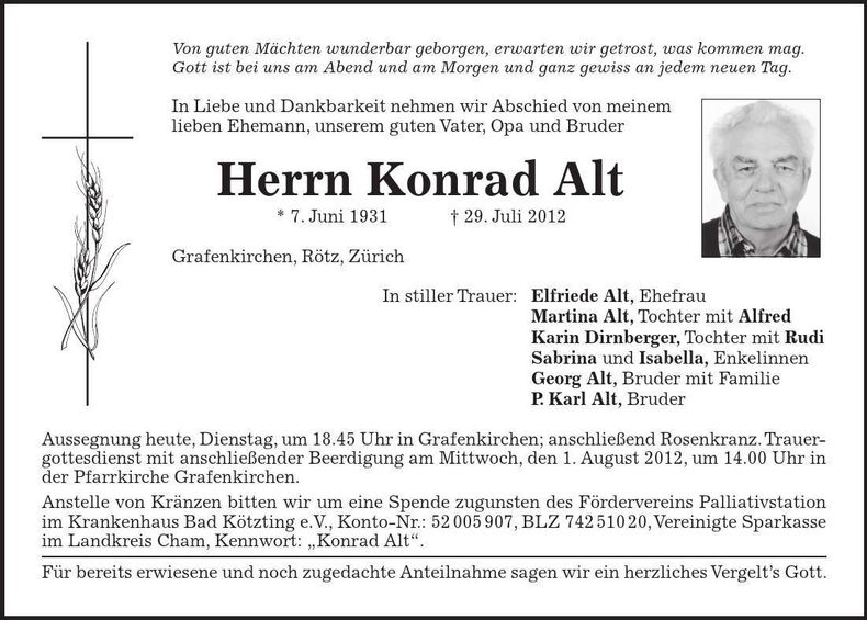 Traueranzeige Konrad Alt