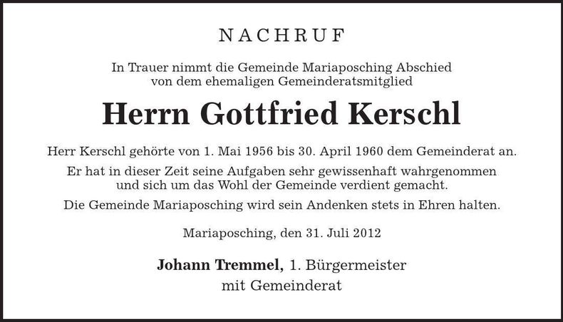 Traueranzeige Gottfried Kerschl