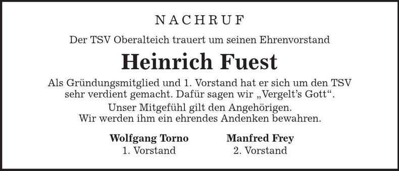 Traueranzeige Heinrich Fuest