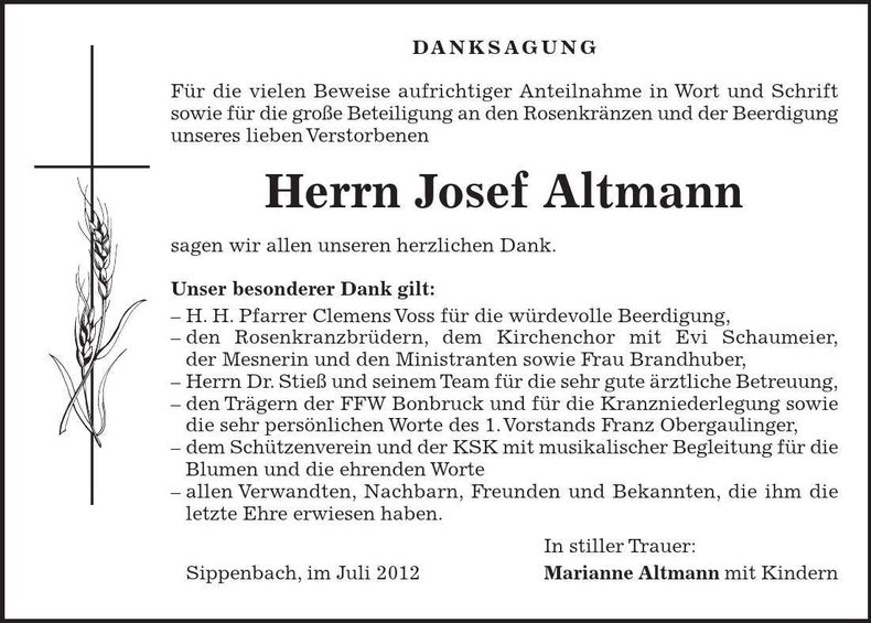 Traueranzeige Josef Altmann