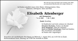 Traueranzeige Elisabeth Attenberger