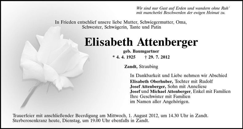 Traueranzeige Elisabeth Attenberger