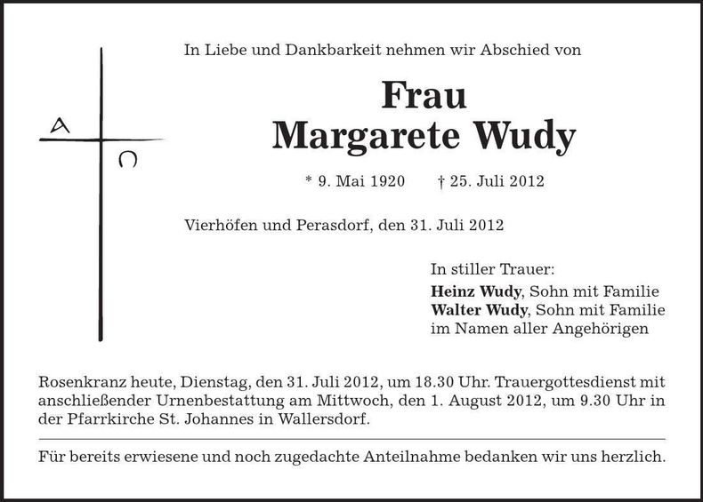 Traueranzeige Margarete Wudy