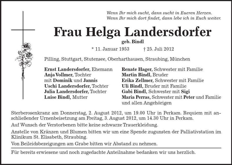 Traueranzeige Helga Landersdorfer