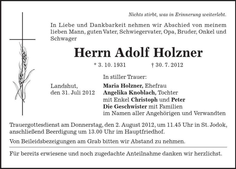 Traueranzeige Adolf Holzner