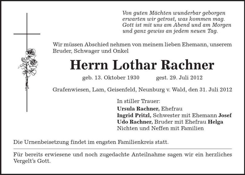 Traueranzeige Lothar Rachner