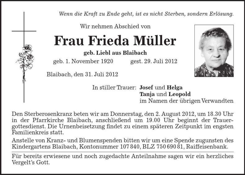Traueranzeige Frieda Müller