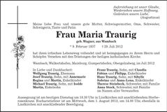 Traueranzeige Maria Traurig