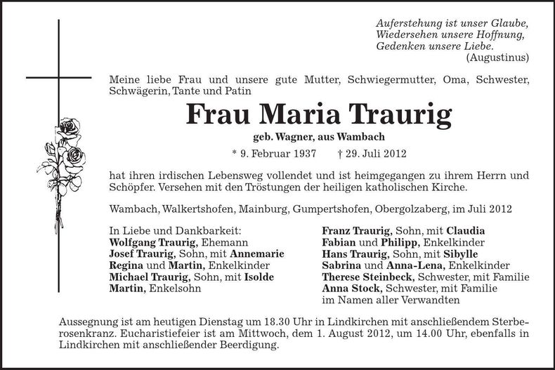 Traueranzeige Maria Traurig