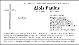 Traueranzeige Alois Paulus