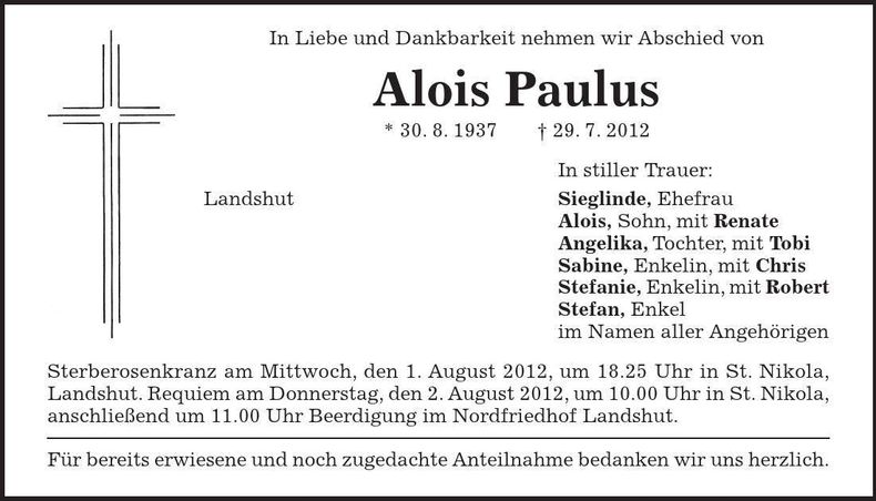 Traueranzeige Alois Paulus