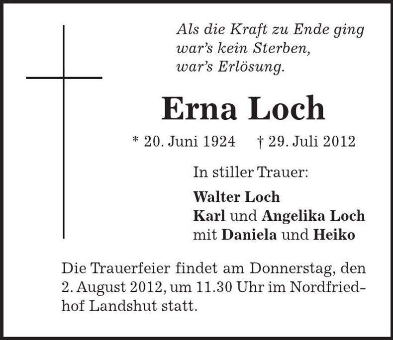 Traueranzeige Erna Loch
