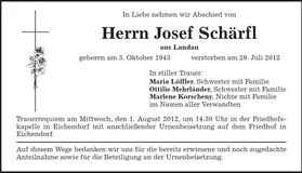Traueranzeige Josef Schärfl