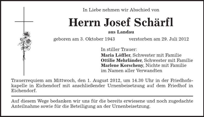 Traueranzeige Josef Schärfl