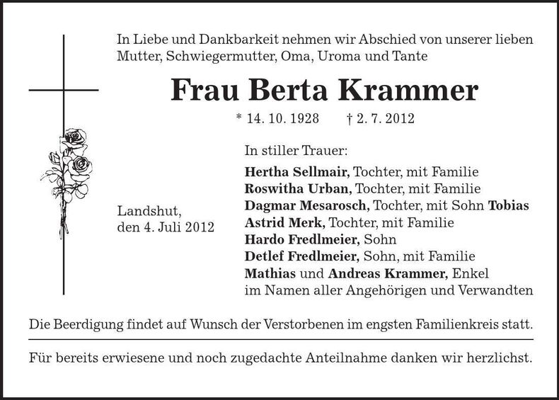 Traueranzeige Berta Krammer