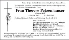 Traueranzeige Therese Petzenhauser