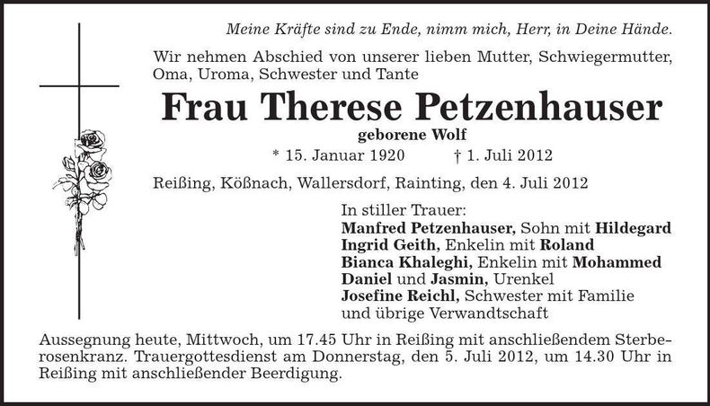 Traueranzeige Therese Petzenhauser