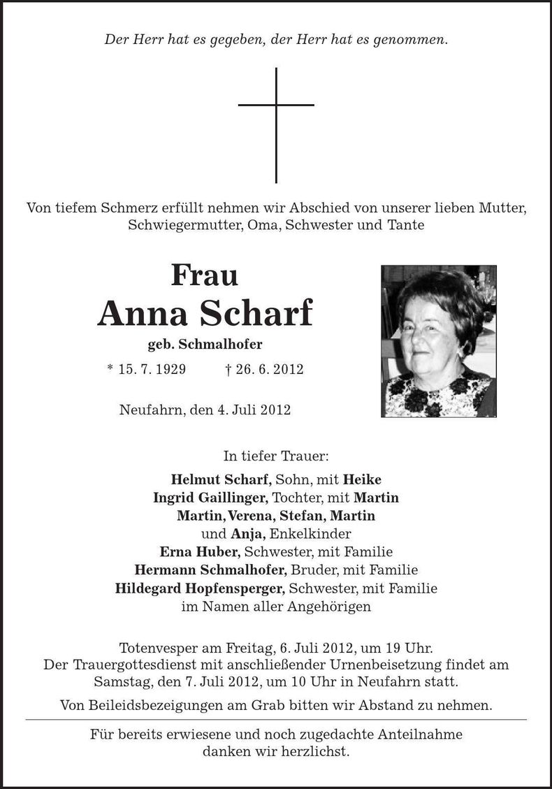 Traueranzeige Anna Scharf