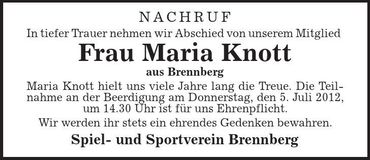 Traueranzeige Maria Knott
