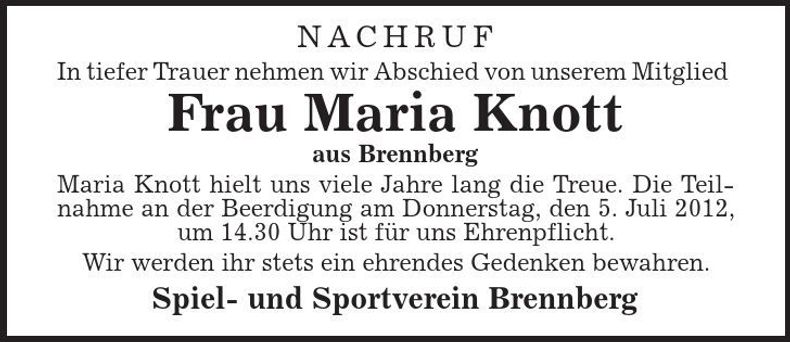 Traueranzeige Maria Knott