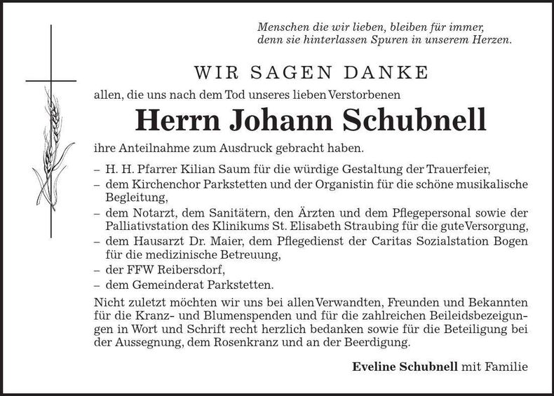 Traueranzeige Johann Schubnell