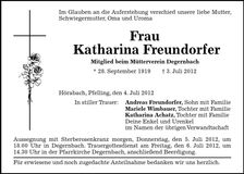 Traueranzeige Katharina Freundorfer