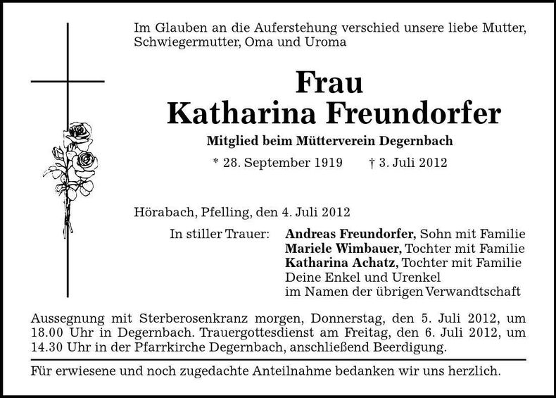Traueranzeige Katharina Freundorfer
