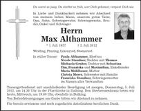 Traueranzeige Max Althammer