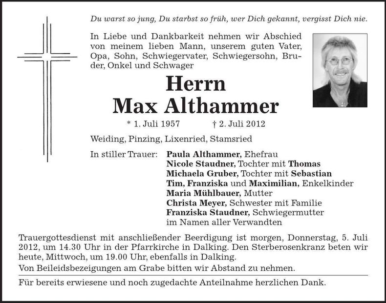 Traueranzeige Max Althammer