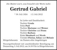 Traueranzeige Gertrud Gabriel
