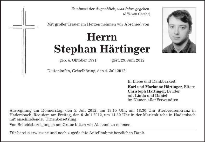 Traueranzeige Stephan Härtinger