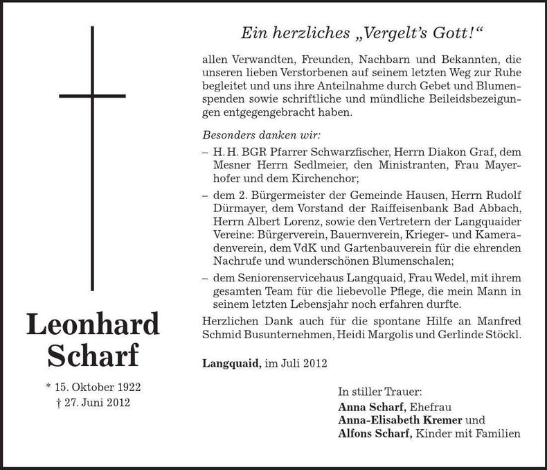 Traueranzeige Leonhard Scharf