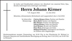 Traueranzeige Johann Kirner