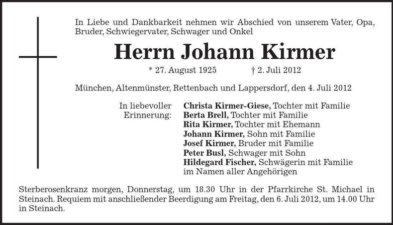Traueranzeige Johann Kirner