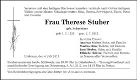 Traueranzeige Therese Stuber