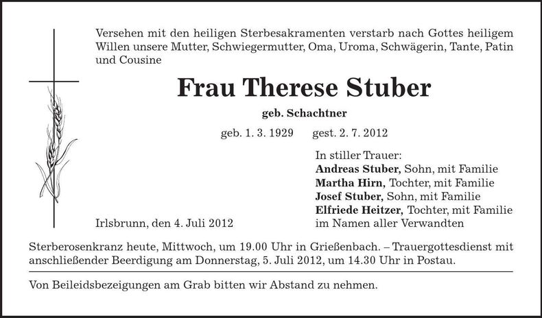 Traueranzeige Therese Stuber
