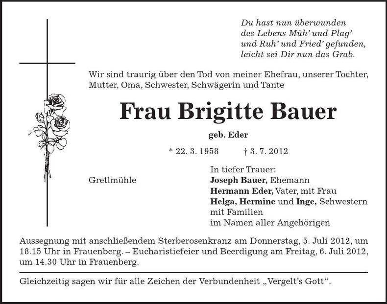 Traueranzeige Brigitte Bauer
