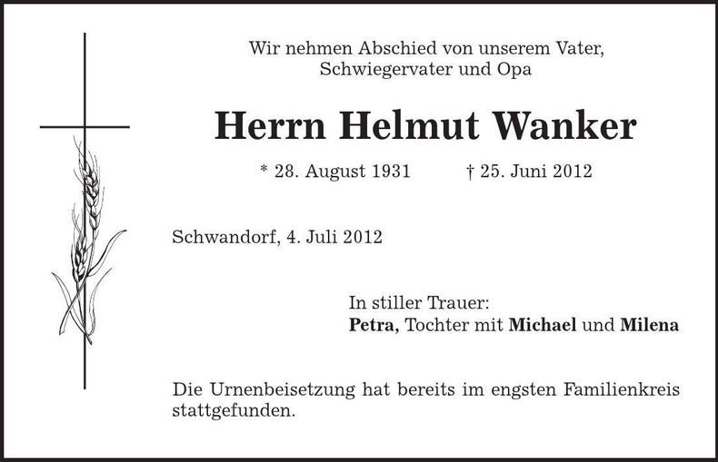 Traueranzeige Helmut Wanker