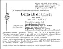 Traueranzeige Berta Thalhammer