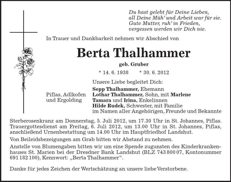 Traueranzeige Berta Thalhammer